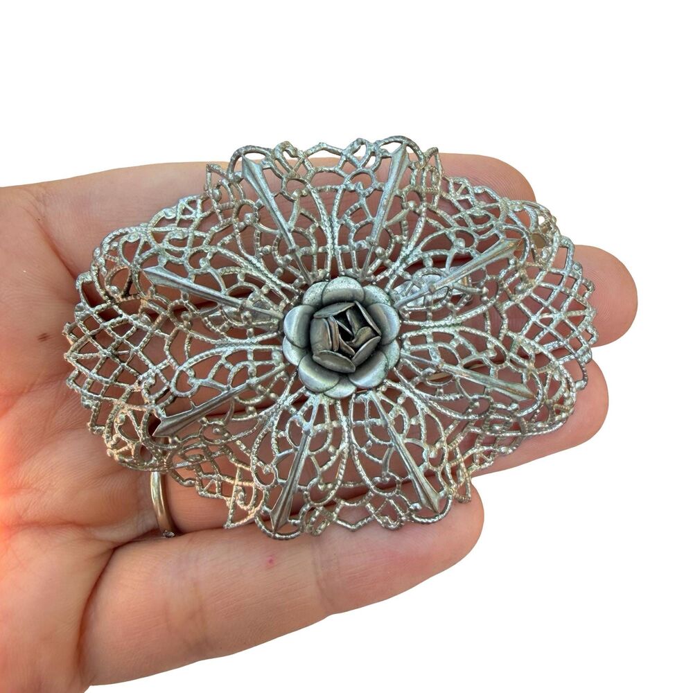 Vintage Jewelry Silver Tone Filigree Victorian Rose Brooch Rose Pin